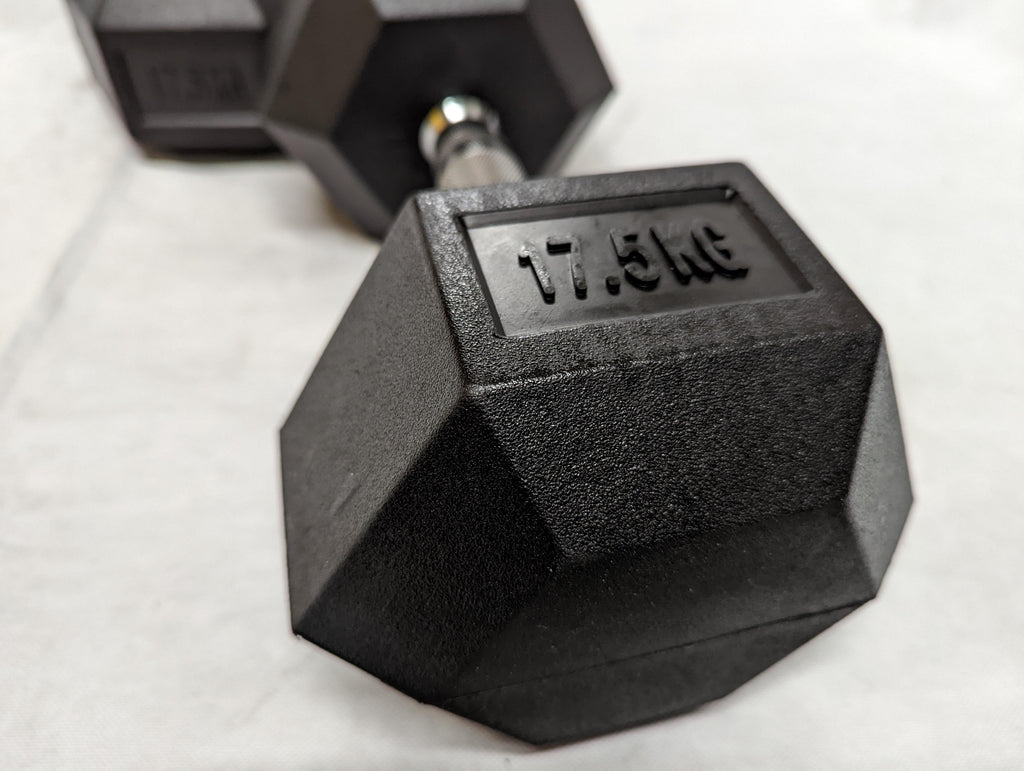 close up of 17.5kg hex dumbell - Superstrong